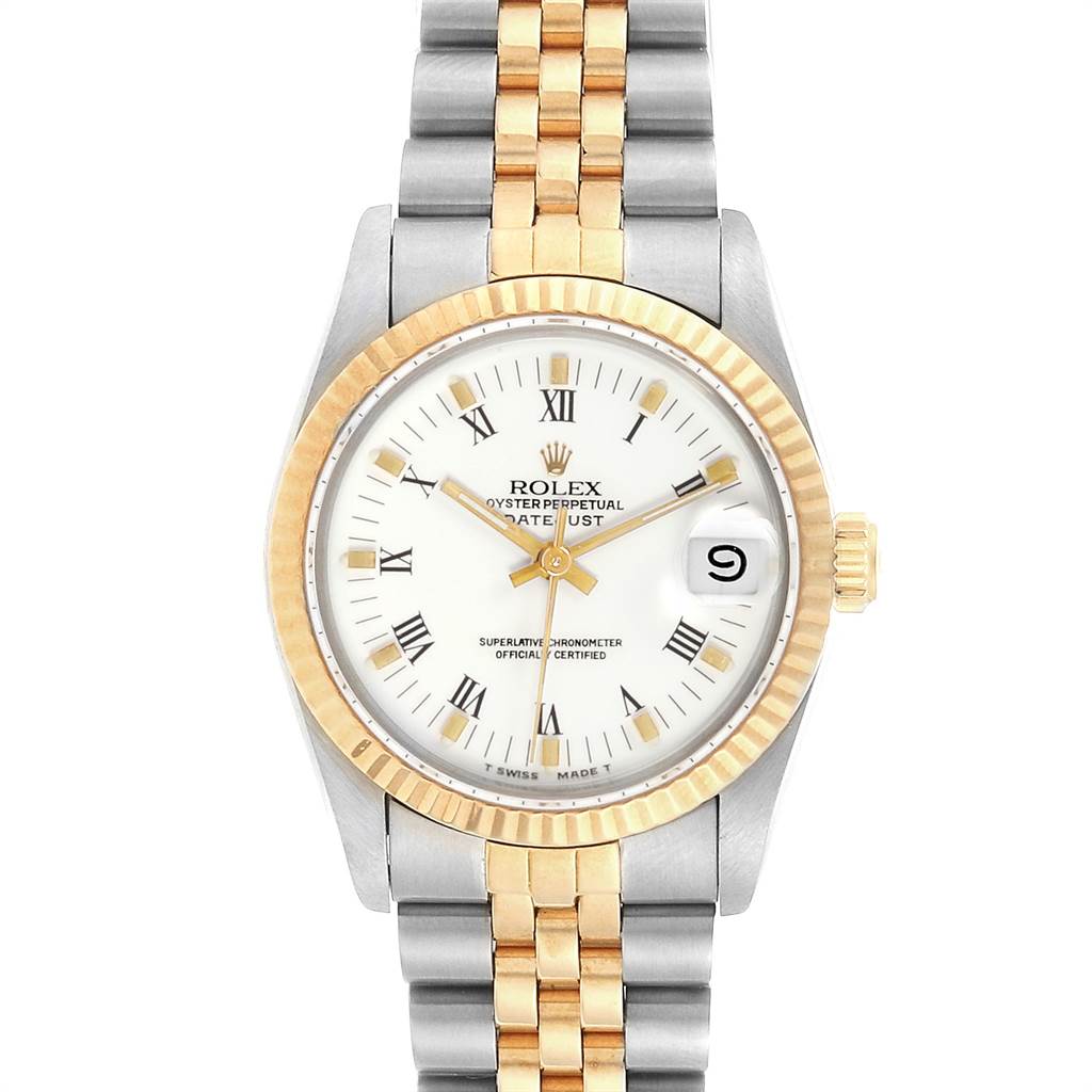 This image shows a Rolex Mid-Size 68273 Women
s Steel and Gold (two tone) White Dial 68273 Women
s Steel and Gold (two tone) White Dial Oyster Perpetual Datejust from a front angle, displaying the dial, bezel, and bracelet.