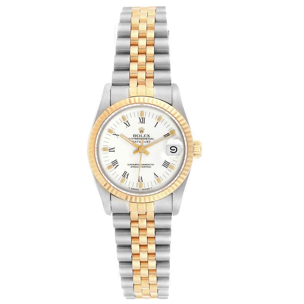 This image shows a front view of a Rolex Mid-Size 68273 Women
s Steel and Gold (two tone) White Dial 68273 Women
s Steel and Gold (two tone) White Dial model with a two-tone metal bracelet and a white dial.