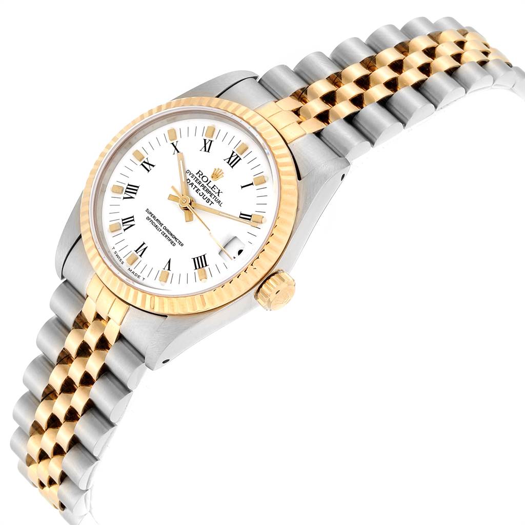 This image shows a Rolex Mid-Size 68273 Women
s Steel and Gold (two tone) White Dial 68273 Women
s Steel and Gold (two tone) White Dial model watch at an oblique angle focusing on the dial, bezel, crown, and bracelet.