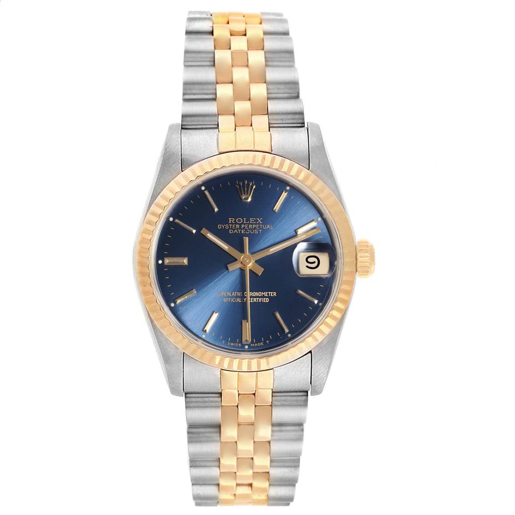 This Rolex Mid-Size 68273 Steel and Gold (two tone) Blue Dial 68273 Steel and Gold (two tone) Blue Dial model watch is shown from a front angle, displaying its blue dial, gold accents, and dual-tone bracelet.