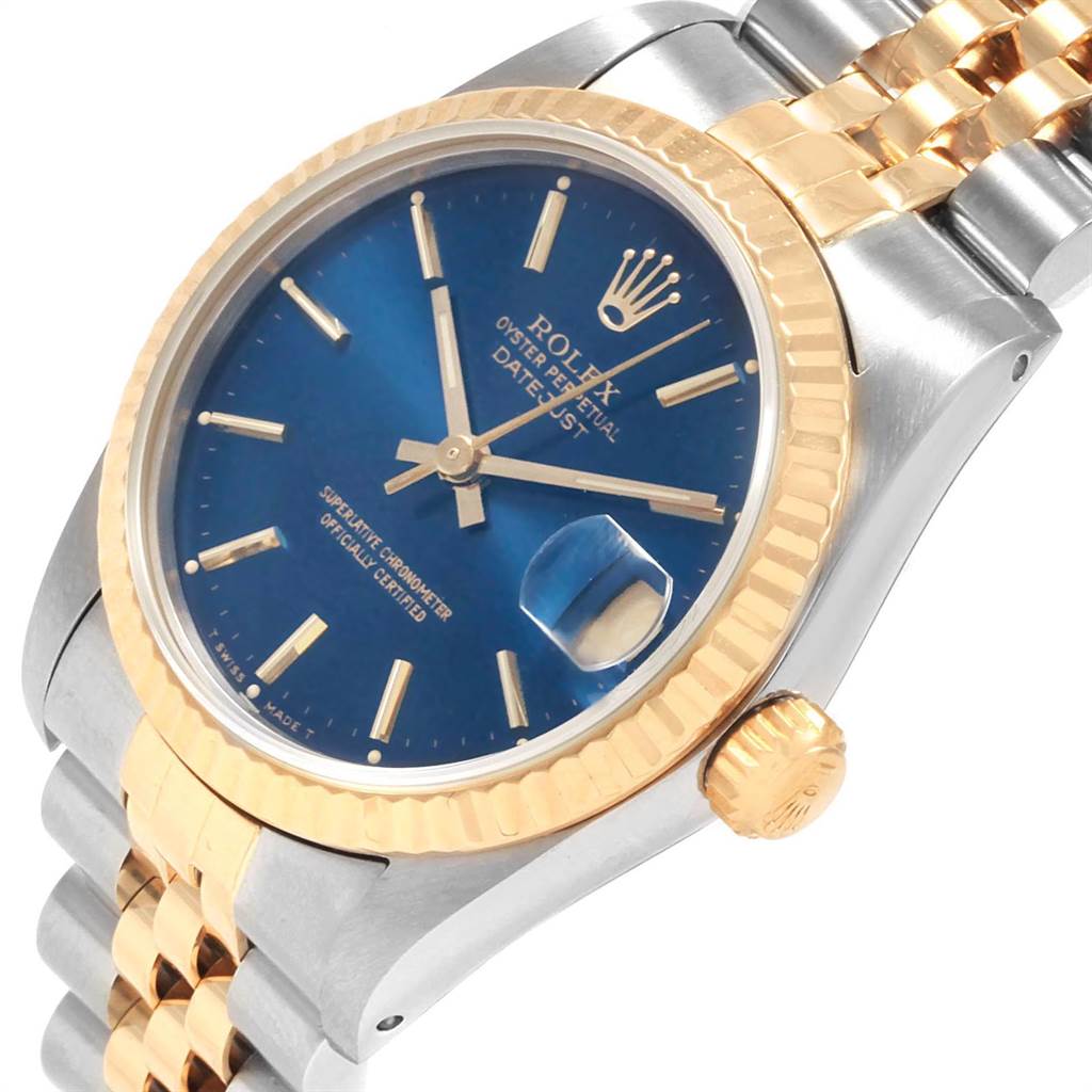 This image shows a close-up of the Rolex Datejust Mid-Size model, highlighting the dial, bezel, crown, and part of the bracelet.