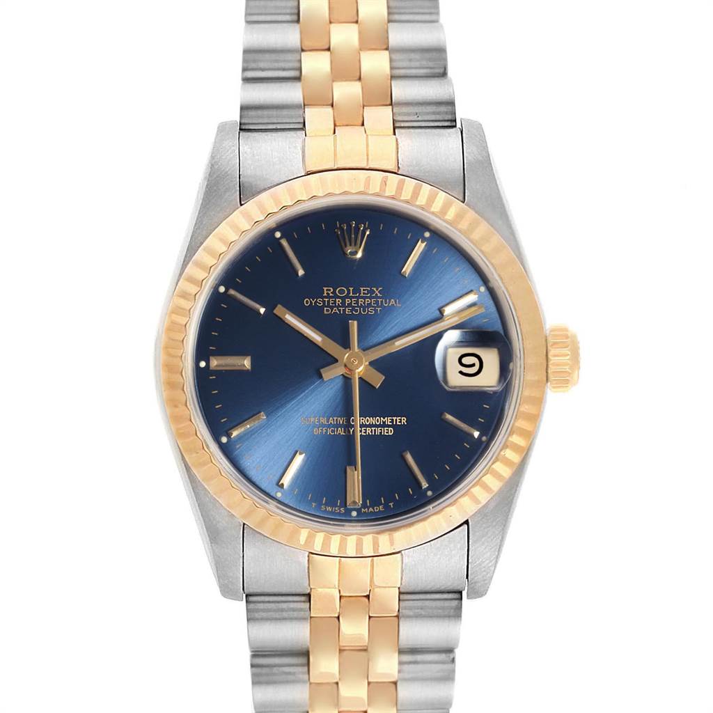This image shows a front view of the Rolex Mid-Size 68273 Steel and Gold (two tone) Blue Dial 68273 Steel and Gold (two tone) Blue Dial Oyster Perpetual Datejust watch, featuring a two-tone bracelet and blue dial.