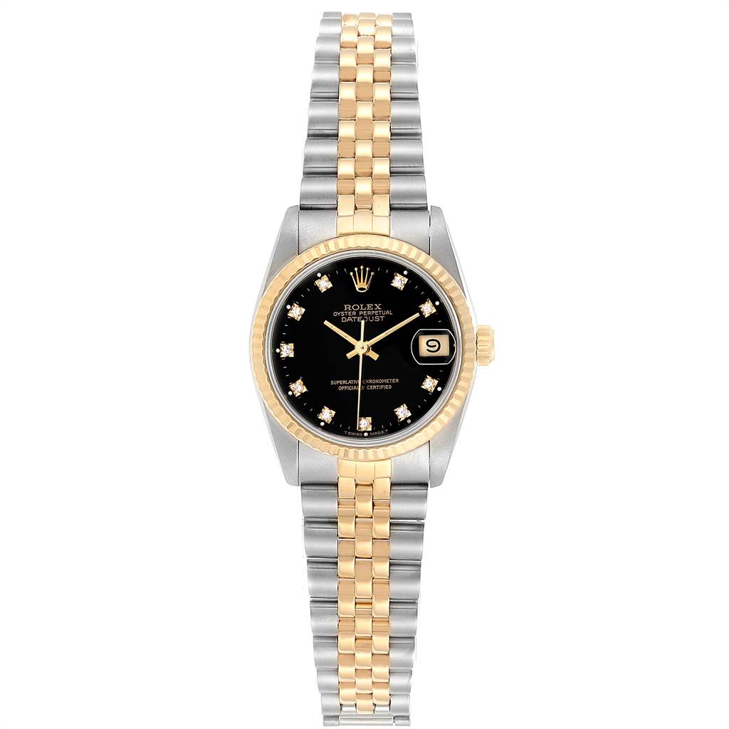 This image shows a front view of a Rolex Mid-Size 68273 Women's Steel and Gold (two tone) Black Dial 68273 Women's Steel and Gold (two tone) Black Dial watch with a black dial, diamond markers, and two-tone gold and silver bracelet.