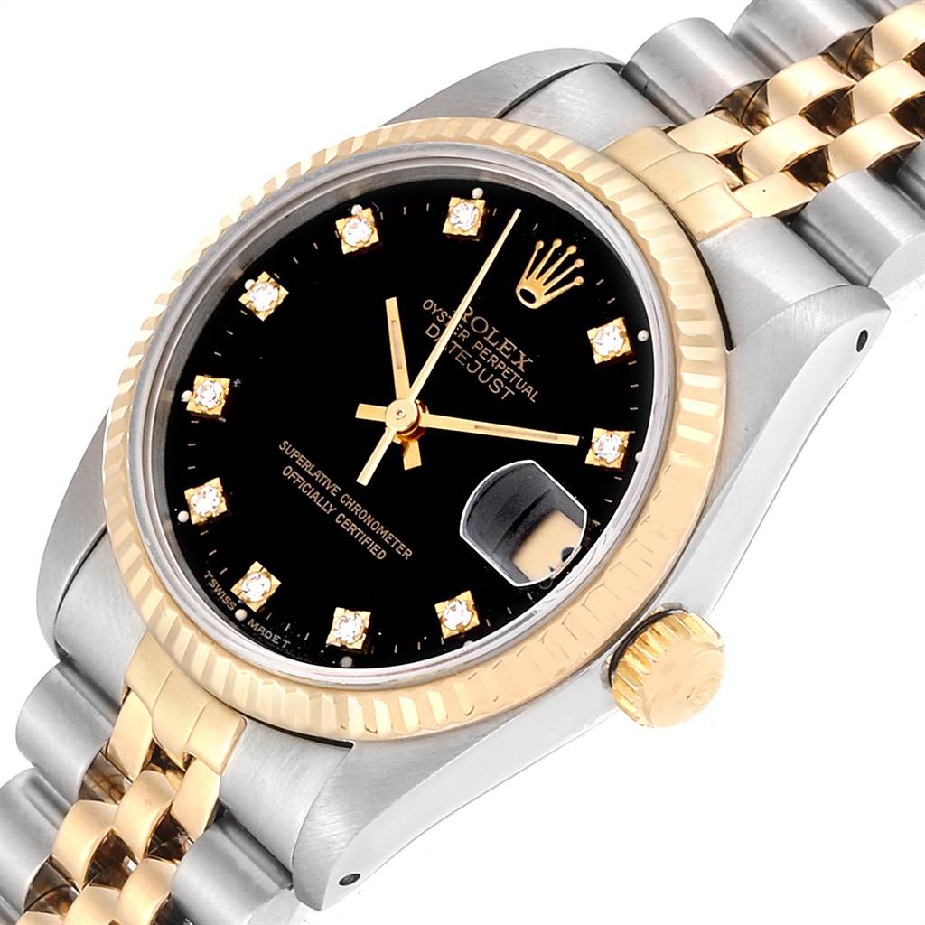 The image shows a Rolex Mid-Size 68273 Women's Steel and Gold (two tone) Black Dial 68273 Women's Steel and Gold (two tone) Black Dial Datejust watch at a slightly tilted angle, highlighting its black dial, gold accents, and two-tone bracelet.