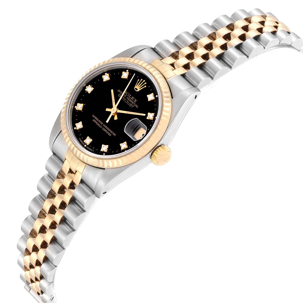 The Rolex Mid-Size 68273 Women's Steel and Gold (two tone) Black Dial 68273 Women's Steel and Gold (two tone) Black Dial watch is shown at an angle displaying its gold and silver bracelet, black dial, fluted bezel, and crown.