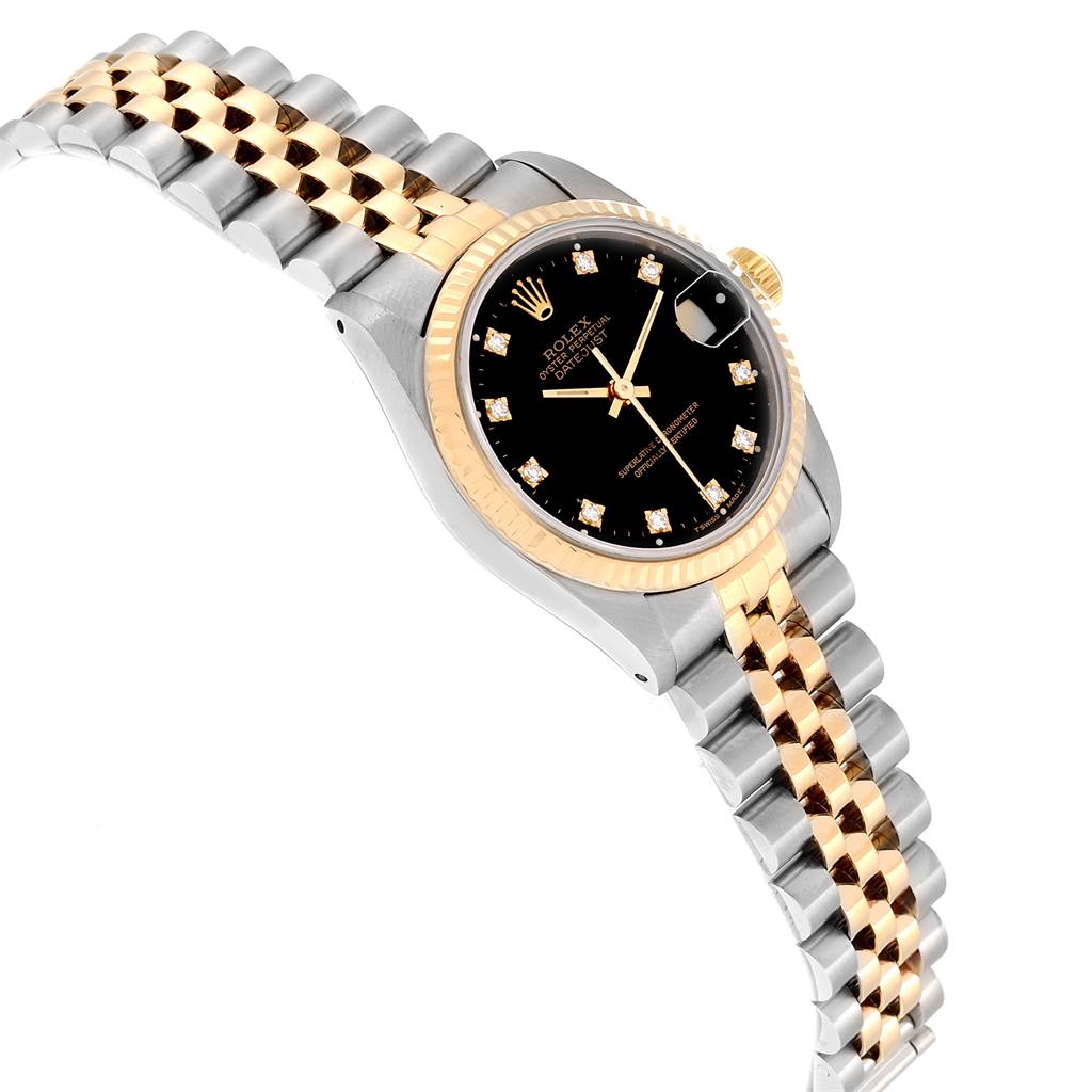 The image shows the dial, bezel, and bracelet of a Rolex Mid-Size 68273 Women's Steel and Gold (two tone) Black Dial 68273 Women's Steel and Gold (two tone) Black Dial model watch at a diagonal angle.