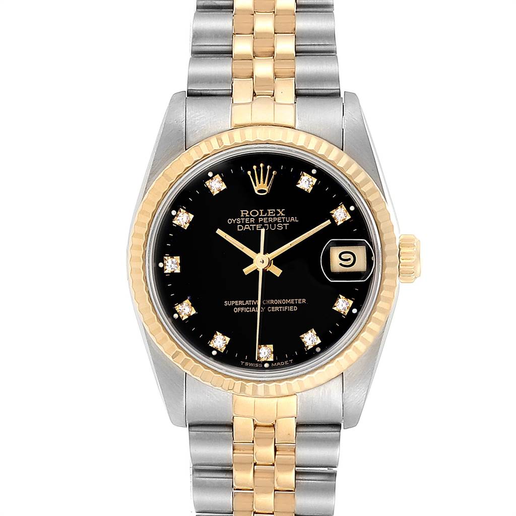 This image shows a front view of a Rolex Mid-Size 68273 Women's Steel and Gold (two tone) Black Dial 68273 Women's Steel and Gold (two tone) Black Dial Oyster Perpetual Datejust watch with a two-tone bracelet and black dial.