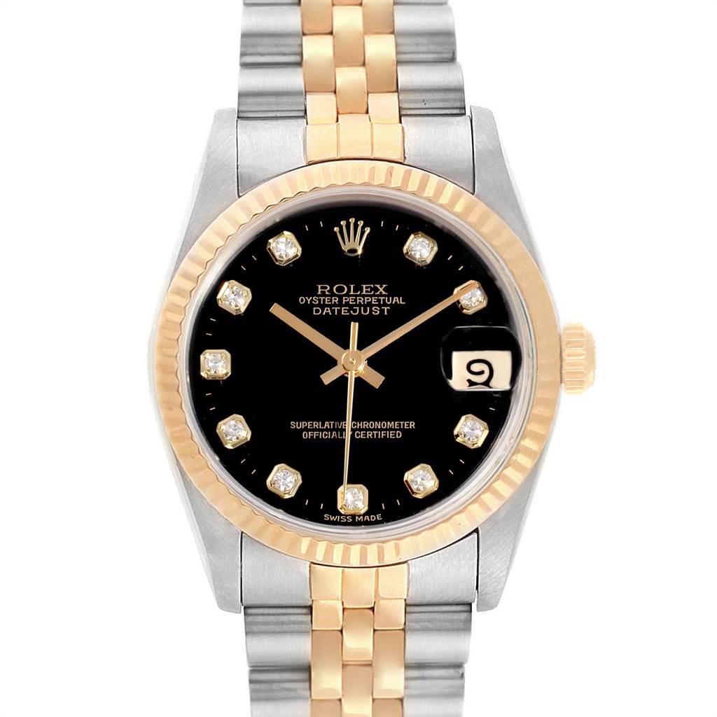 The image shows a frontal view of a Rolex Mid-Size 68273 Women's Steel and Gold (two tone) Black Dial 68273 Women's Steel and Gold (two tone) Black Dial Oyster Perpetual Datejust watch with a two-tone bracelet.
