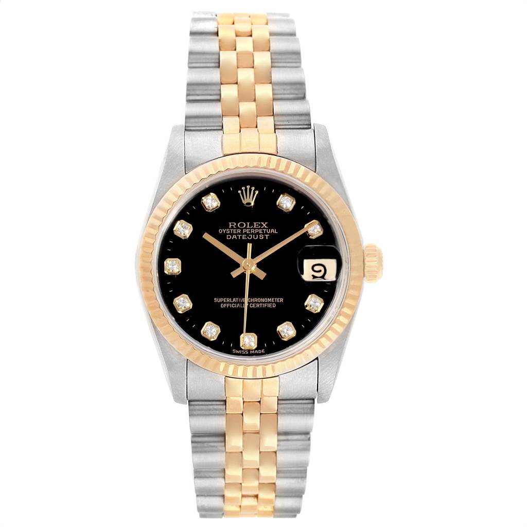 This image shows a front view of a Rolex Mid-Size 68273 Women's Steel and Gold (two tone) Black Dial 68273 Women's Steel and Gold (two tone) Black Dial Datejust watch with a black dial and two-tone bracelet.