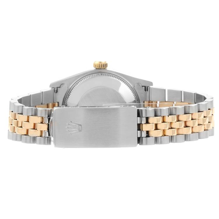 This image shows the back case and bracelet of a Rolex Mid-Size 68273 Women's Steel and Gold (two tone) Black Dial 68273 Women's Steel and Gold (two tone) Black Dial model watch, featuring a bi-color metal design.