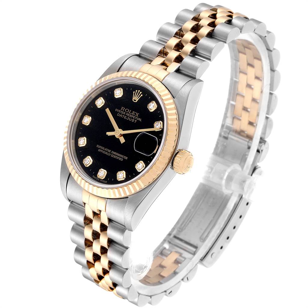 This image shows a Rolex Mid-Size 68273 Women's Steel and Gold (two tone) Black Dial 68273 Women's Steel and Gold (two tone) Black Dial Datejust watch at a three-quarter angle, highlighting its black dial and two-tone metal bracelet.