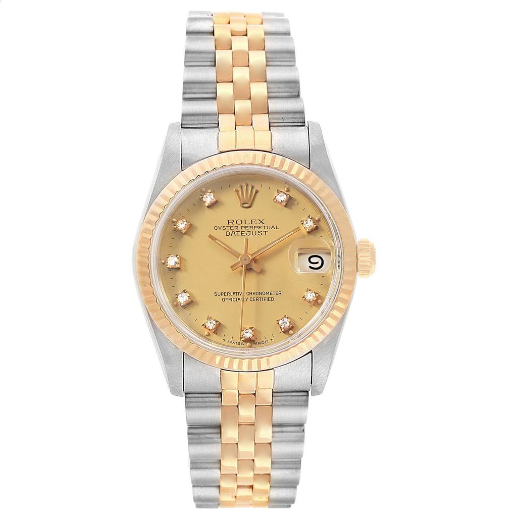 The image shows a frontal view of a Rolex Oyster Perpetual Datejust Mid-Size watch with a two-tone band and a champagne dial.