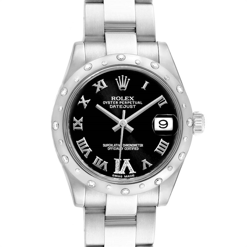 Rolex Datejust 31 Midsize Black Dial Steel Diamond Watch 178344 SwissWatchExpo
