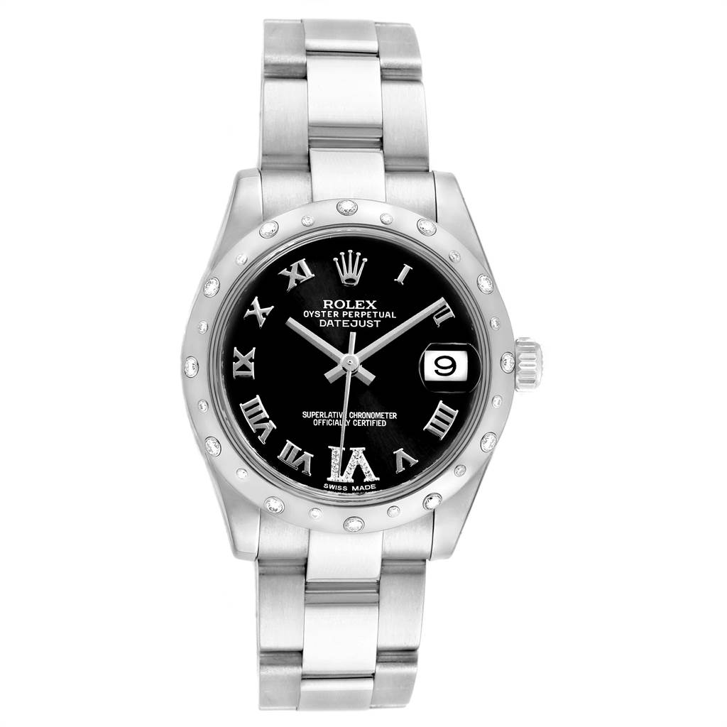 The image shows a front view of a Rolex Mid-Size 178344 Women's Stainless Steel Black Dial 178344 Women's Stainless Steel Black Dial Oyster Perpetual Datejust, highlighting the dial, case, and bracelet.
