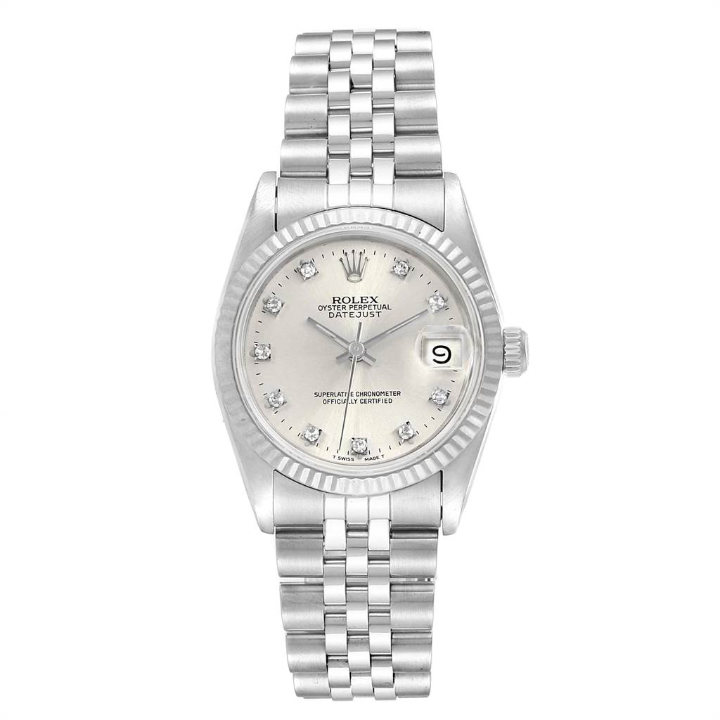 The image shows a full, front view of a Rolex Oyster Perpetual Datejust Mid-Size watch, including its face, bezel, and bracelet.