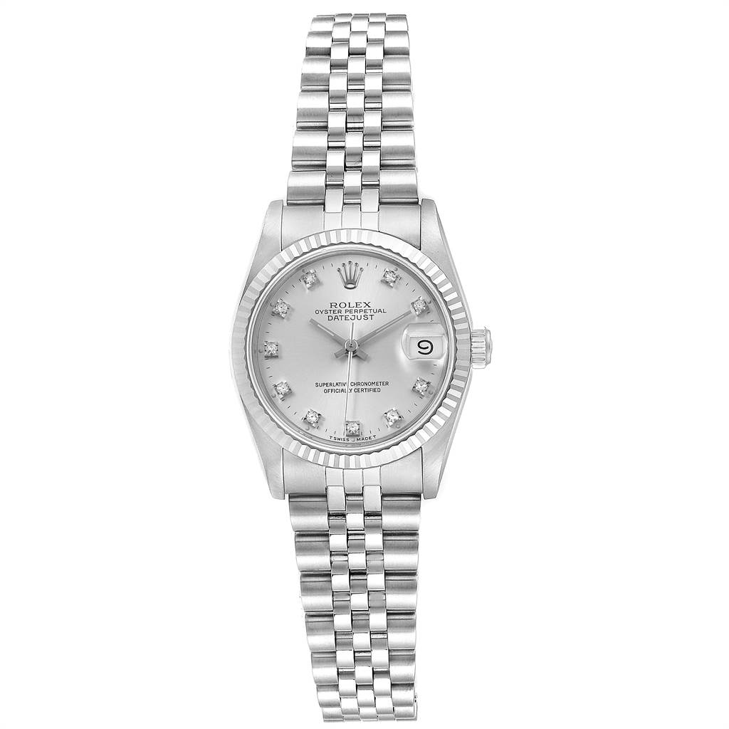This image shows a front view of the Rolex Mid-Size 68274 Women's Stainless Steel Silver Dial 68274 Women's Stainless Steel Silver Dial Datejust, displaying the dial, bezel, bracelet, and crown.