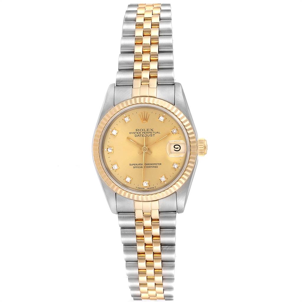 This image shows a frontal view of a Rolex Mid-Size 68273 Women's Steel and Gold (two tone) Champagne Dial 68273 Women's Steel and Gold (two tone) Champagne Dial Datejust watch with a gold dial, fluted bezel, and two-tone metal bracelet.