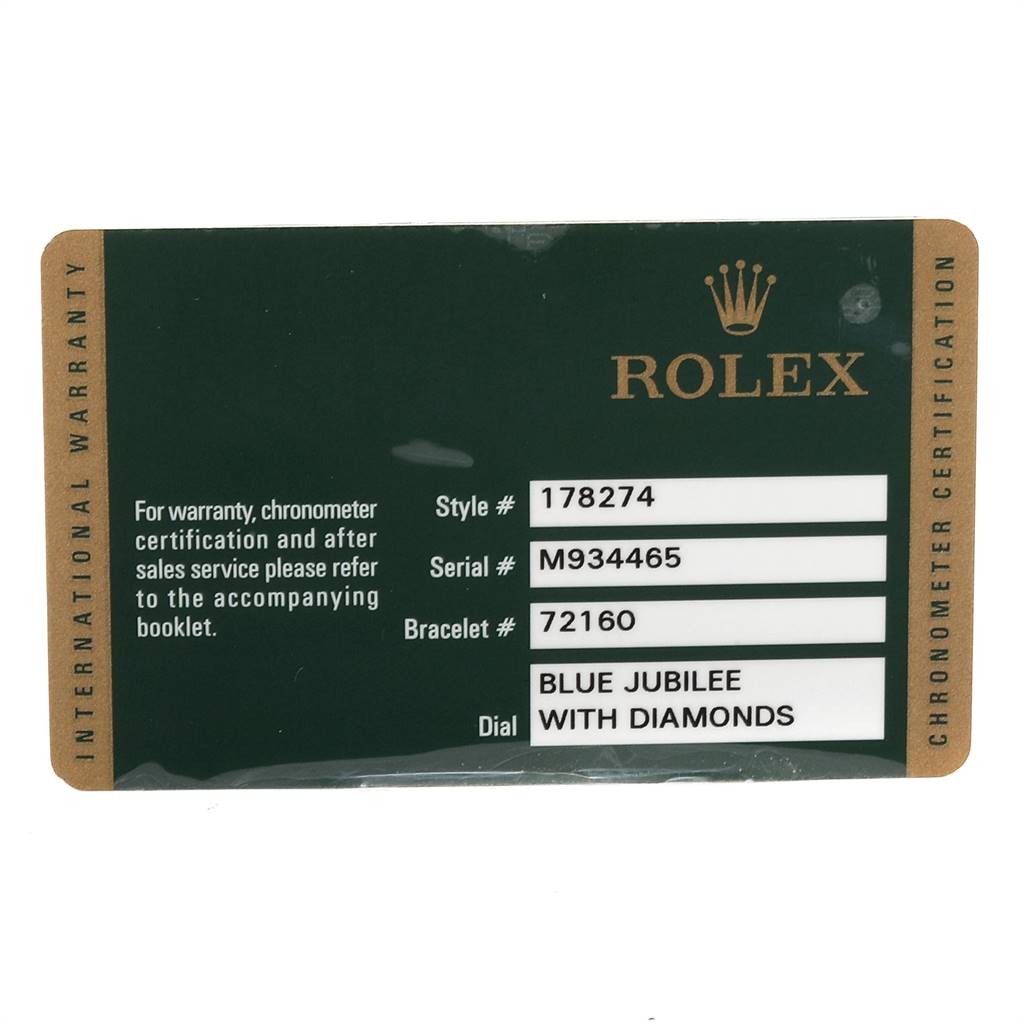The image shows a Rolex warranty card for a Mid-Size model with details about the style, serial, and bracelet numbers, and dial type.