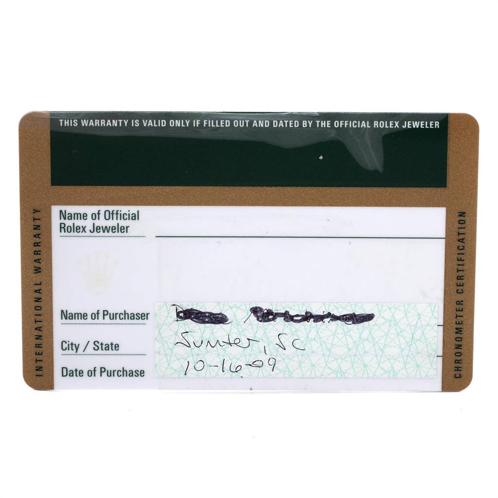 This image shows an international warranty card for a Mid-Size Rolex watch, detailing the purchaser and purchase date.