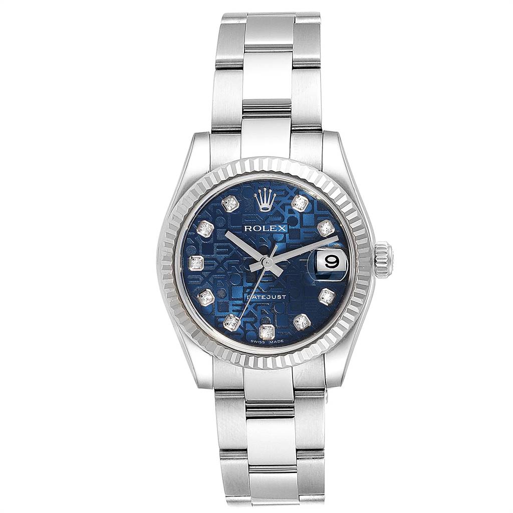 The image shows a front view of a Rolex Mid-Size 178274 Women's Stainless Steel Blue Dial 178274 Women's Stainless Steel Blue Dial model watch, featuring a blue dial, silver bracelet, and date display at 3 o'clock.
