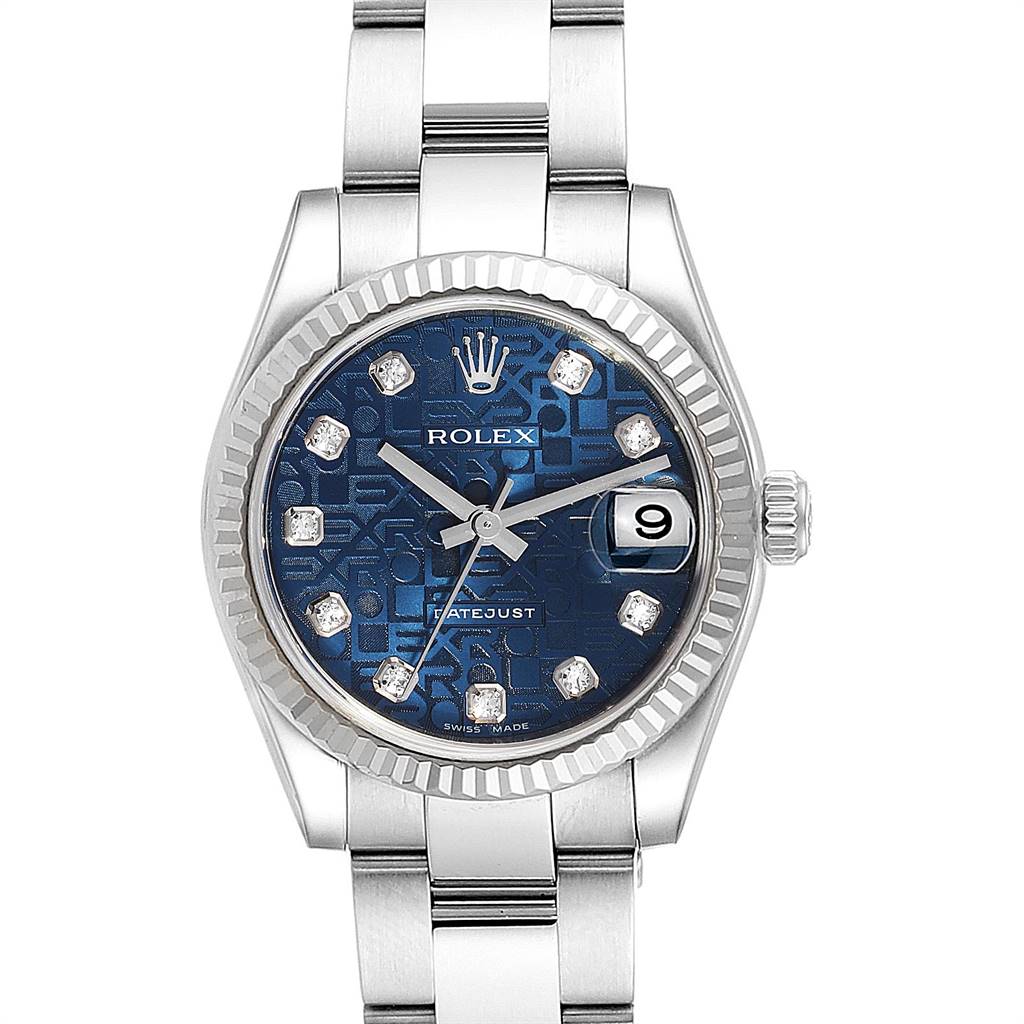 This image shows a frontal view of a Rolex Datejust Mid-Size watch featuring a blue dial with diamond hour markers and a date window.