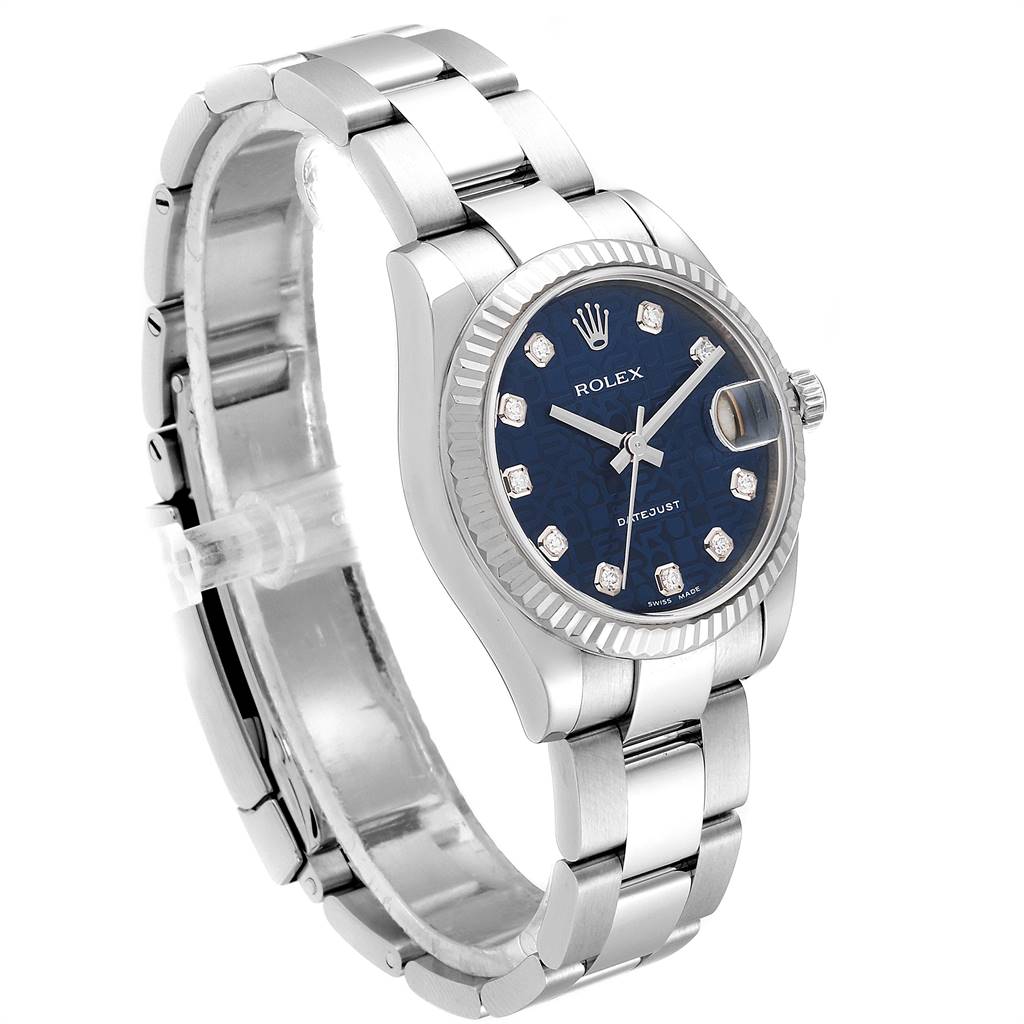 The Rolex Mid-Size 178274 Women's Stainless Steel Blue Dial 178274 Women's Stainless Steel Blue Dial Datejust watch is shown from a three-quarter angle, displaying the face, bezel, band, and crown.