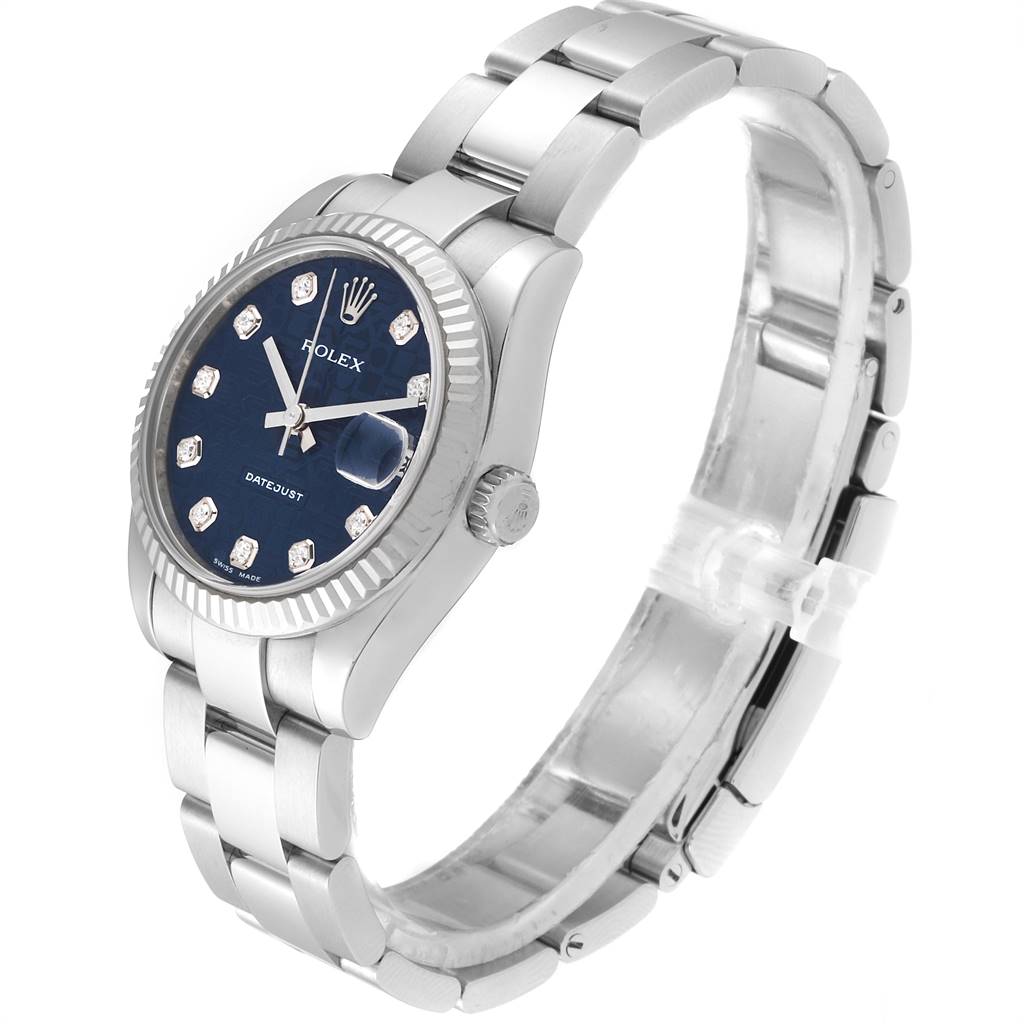 The image shows a Rolex Mid-Size 178274 Women's Stainless Steel Blue Dial 178274 Women's Stainless Steel Blue Dial model watch at a three-quarter angle, highlighting the watch face, bezel, and bracelet.