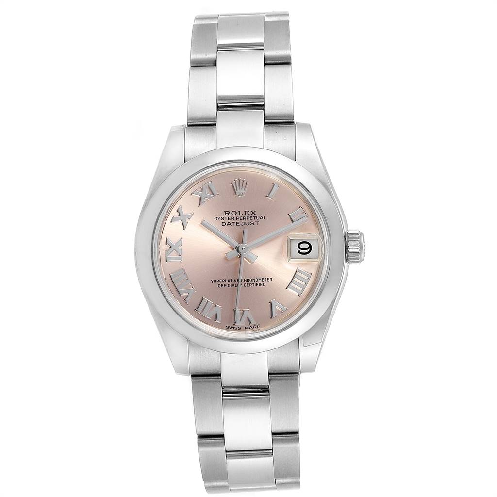 The image shows a front view of a Rolex Oyster Perpetual Datejust mid-size model, displaying its dial, bezel, and bracelet.