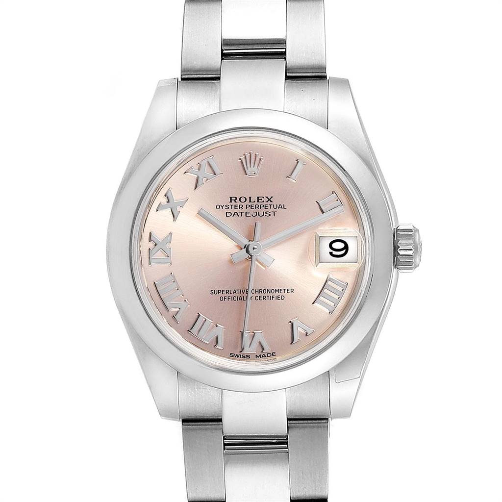 This image shows a front view of a Rolex Mid-Size 178240 Women's Stainless Steel Pink Dial 178240 Women's Stainless Steel Pink Dial Oyster Perpetual Datejust watch, highlighting the dial, case, and part of the bracelet.