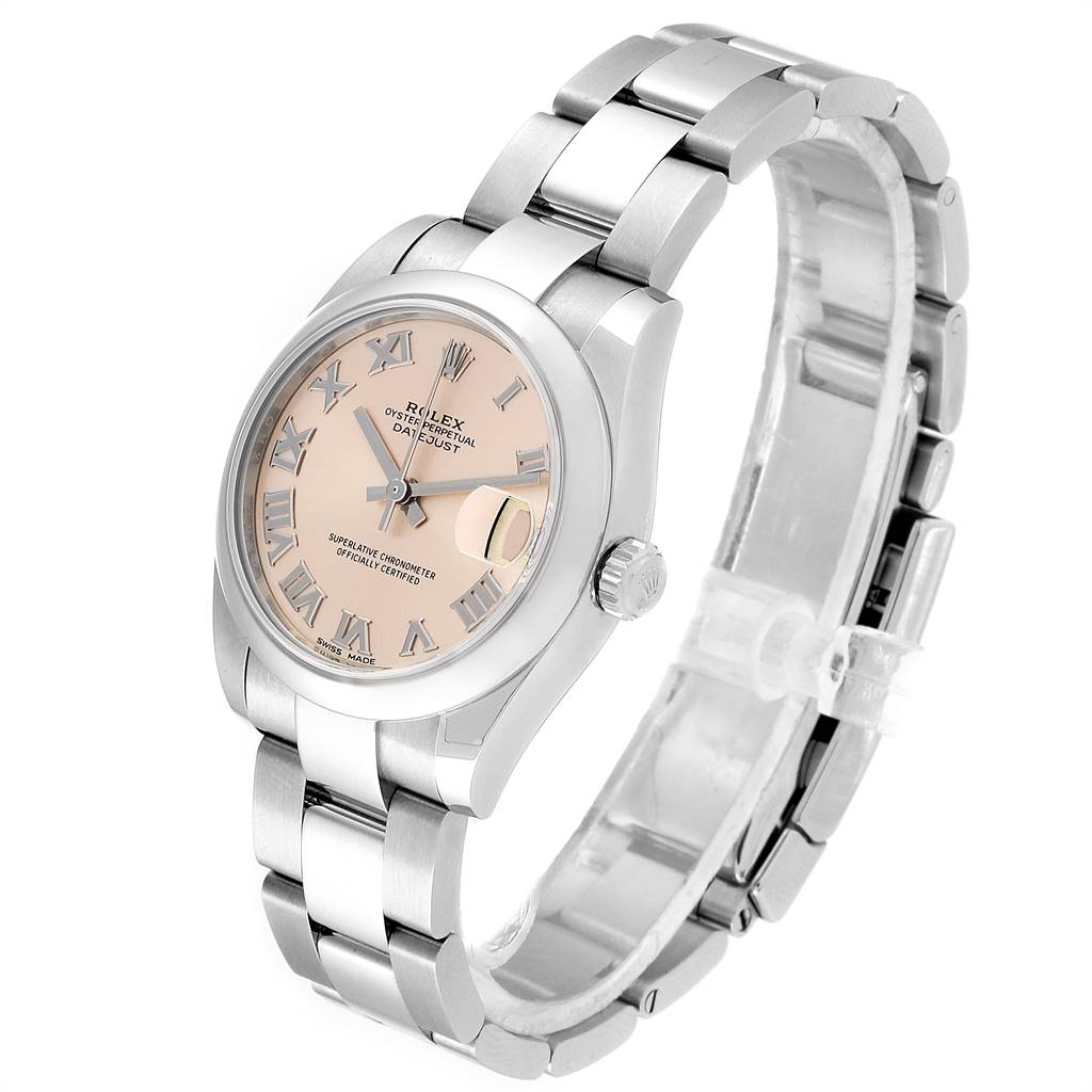 The image shows a Rolex Mid-Size 178240 Women's Stainless Steel Pink Dial 178240 Women's Stainless Steel Pink Dial model watch at a slight angle, displaying the face, bezel, crown, and bracelet.