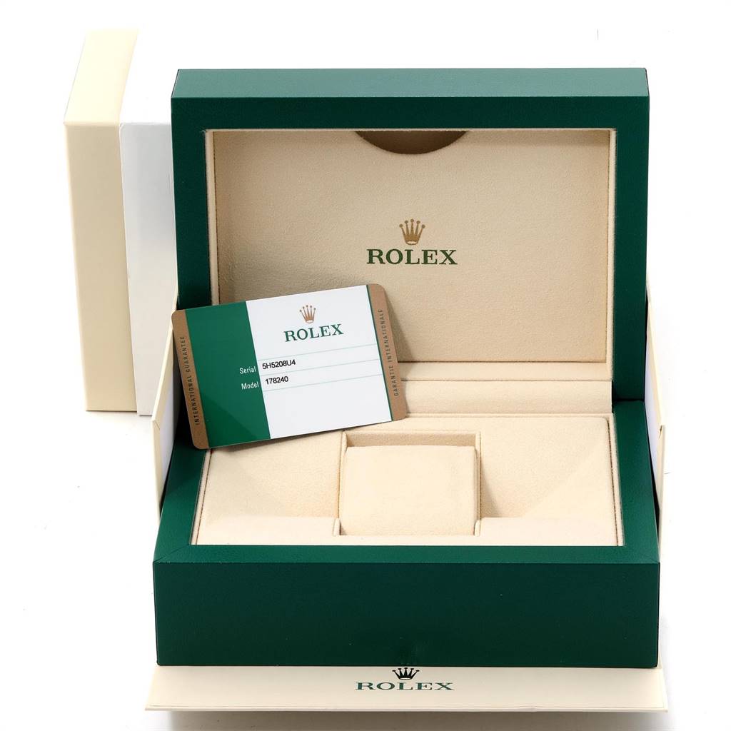 The image shows a Rolex Mid-Size 178240 Women's Stainless Steel Pink Dial 178240 Women's Stainless Steel Pink Dial watch box, open to reveal the interior, along with the warranty card.
