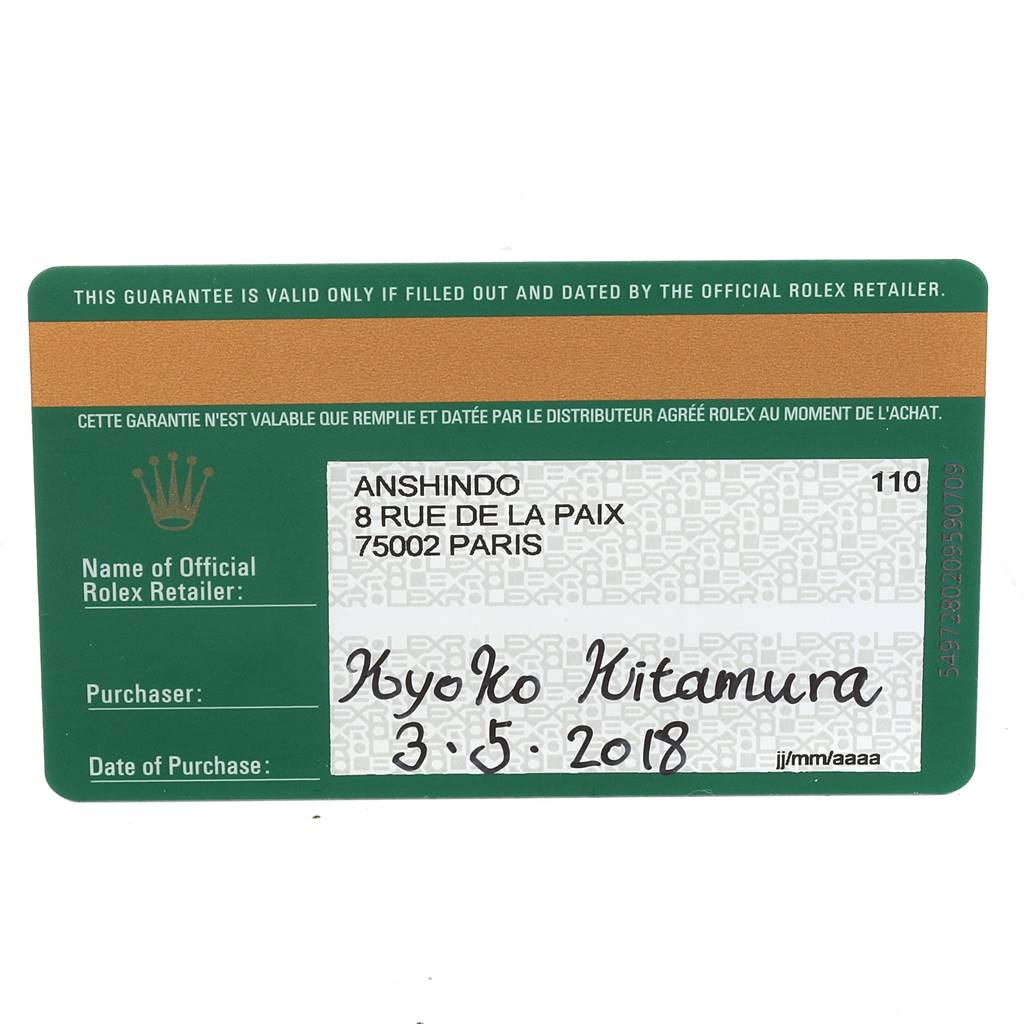 This image shows a guarantee card for a Rolex Mid-Size 178240 Women's Stainless Steel Pink Dial 178240 Women's Stainless Steel Pink Dial model watch, featuring retailer details and purchase information.