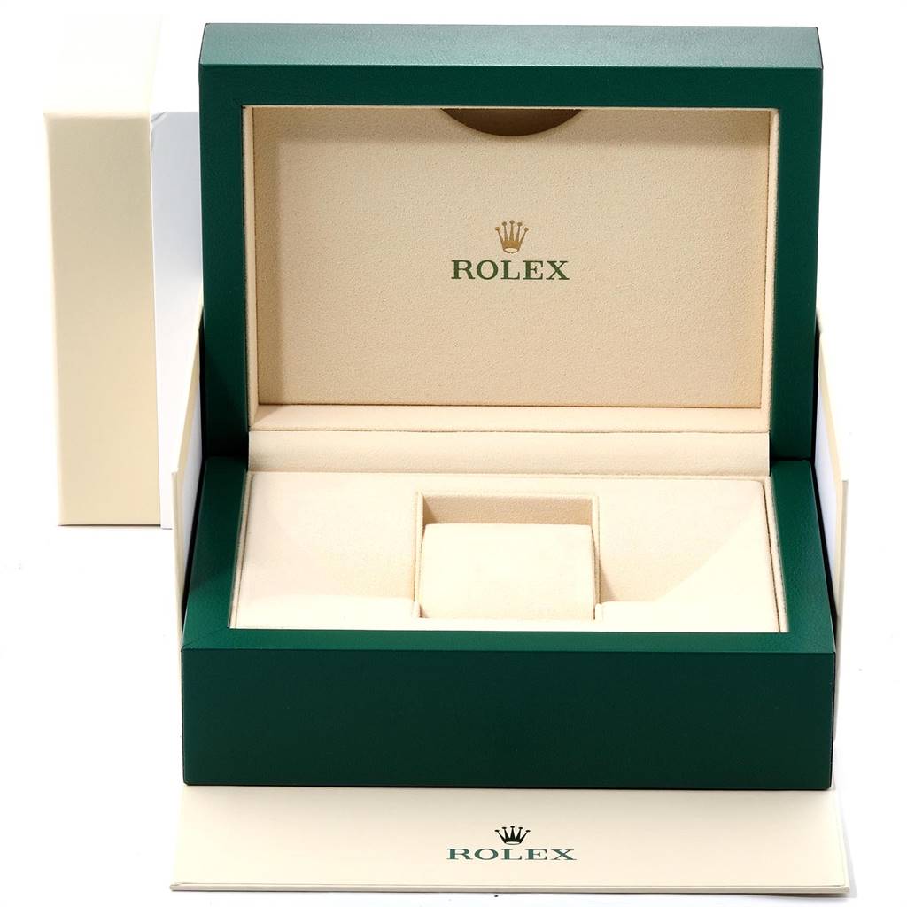 The image shows an open, green and beige Rolex watch box, used for holding a Mid-Size model Rolex watch, viewed from the front.