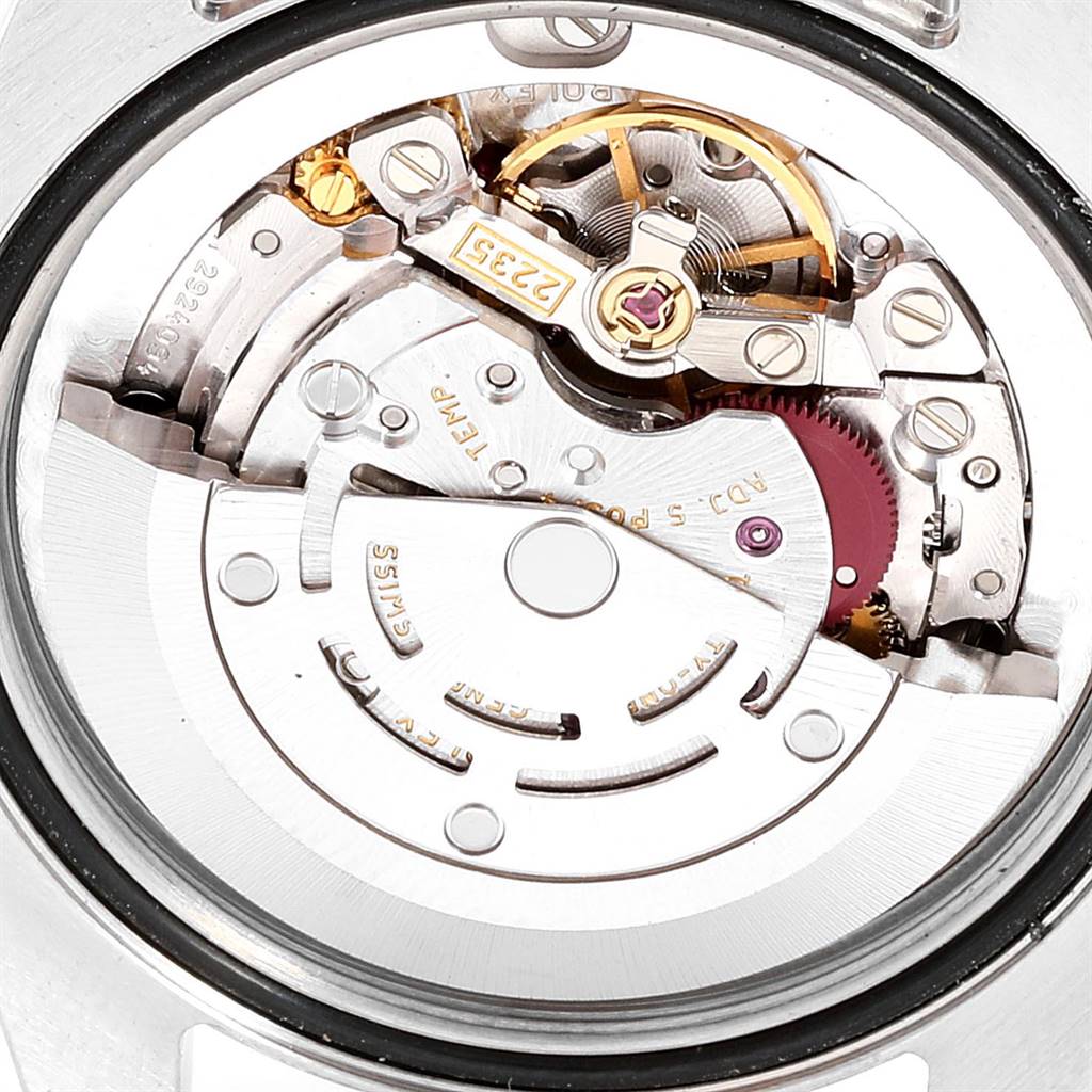 The image shows the movement and internal mechanics of the Rolex Mid-Size 178384 Women's Stainless Steel Mother of Pearl Dial 178384 Women's Stainless Steel Mother of Pearl Dial model from a top-down angle.