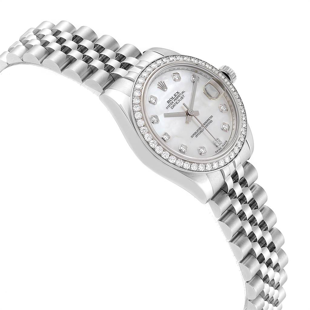 The image shows a Rolex Mid-Size 178384 Women's Stainless Steel Mother of Pearl Dial 178384 Women's Stainless Steel Mother of Pearl Dial watch with a side angle focus on the face, bezel, and part of the bracelet.