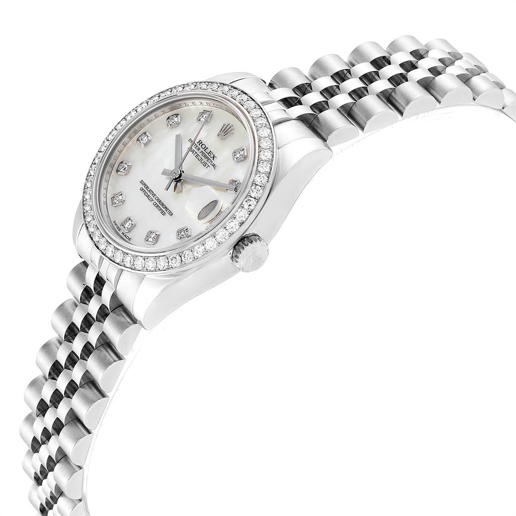 The image shows a Rolex Mid-Size 178384 Women's Stainless Steel Mother of Pearl Dial 178384 Women's Stainless Steel Mother of Pearl Dial watch at a slight angle, highlighting the dial, bezel, and bracelet.