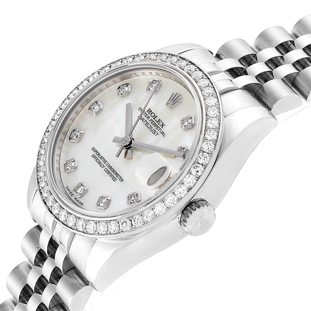This image shows a Rolex Mid-Size 178384 Women's Stainless Steel Mother of Pearl Dial 178384 Women's Stainless Steel Mother of Pearl Dial watch at an angle highlighting the face, bezel, crown, and part of the bracelet.