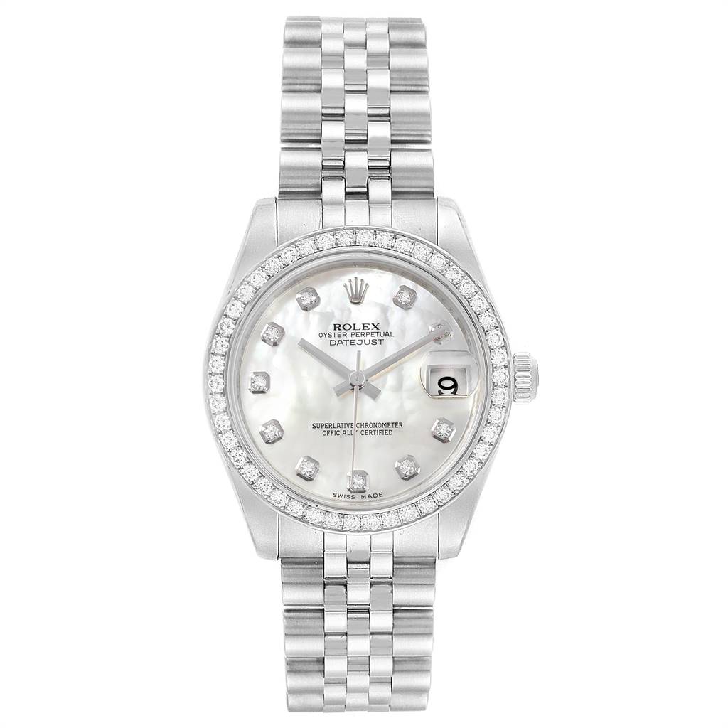 This image shows a front view of a Rolex Oyster Perpetual Datejust Mid-Size watch, displaying its face, bezel, and bracelet.