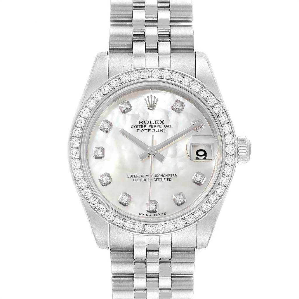 The image shows a Rolex Oyster Perpetual Datejust Mid-Size watch from a front angle, displaying the face, bezel, and bracelet.