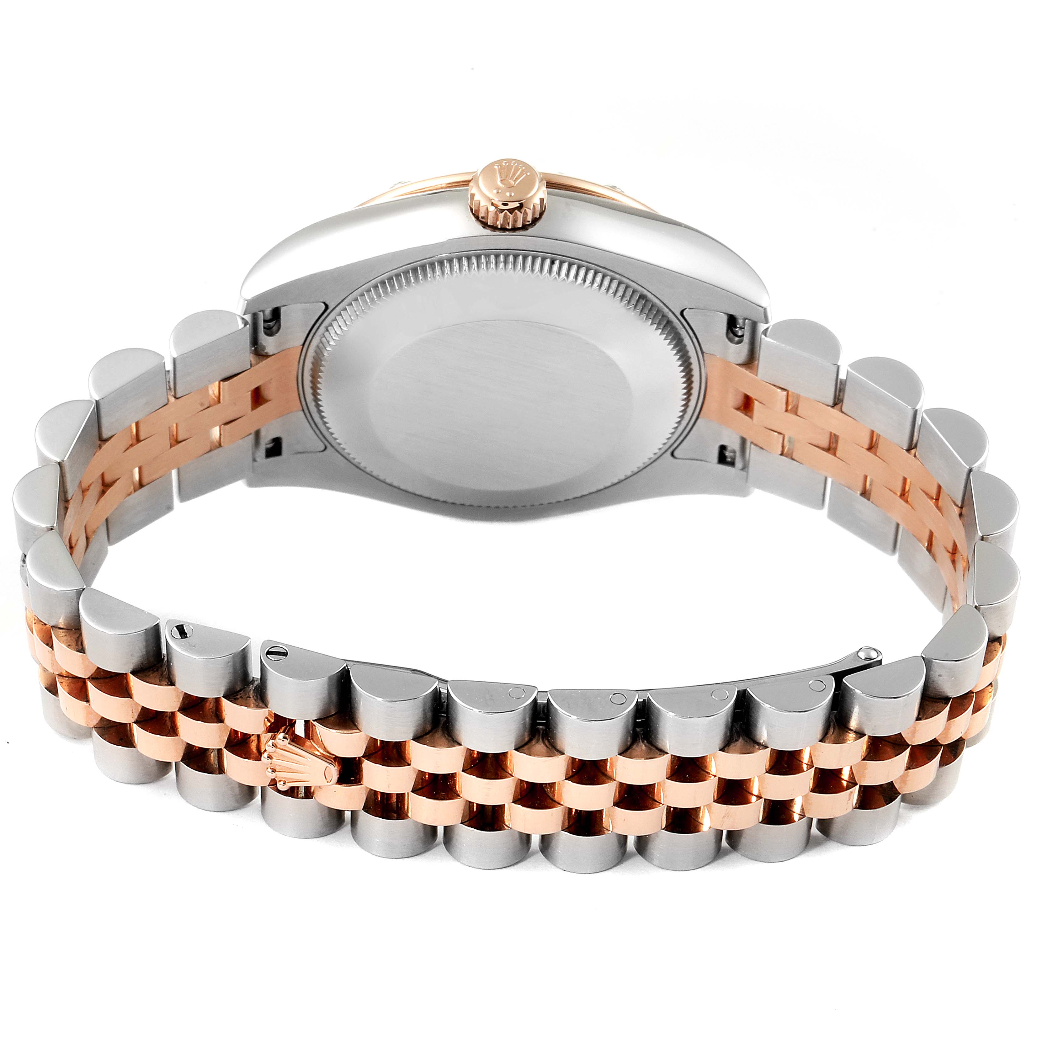 The image shows the back case and bracelet of the Mid-Size Rolex watch with a two-tone metal design.