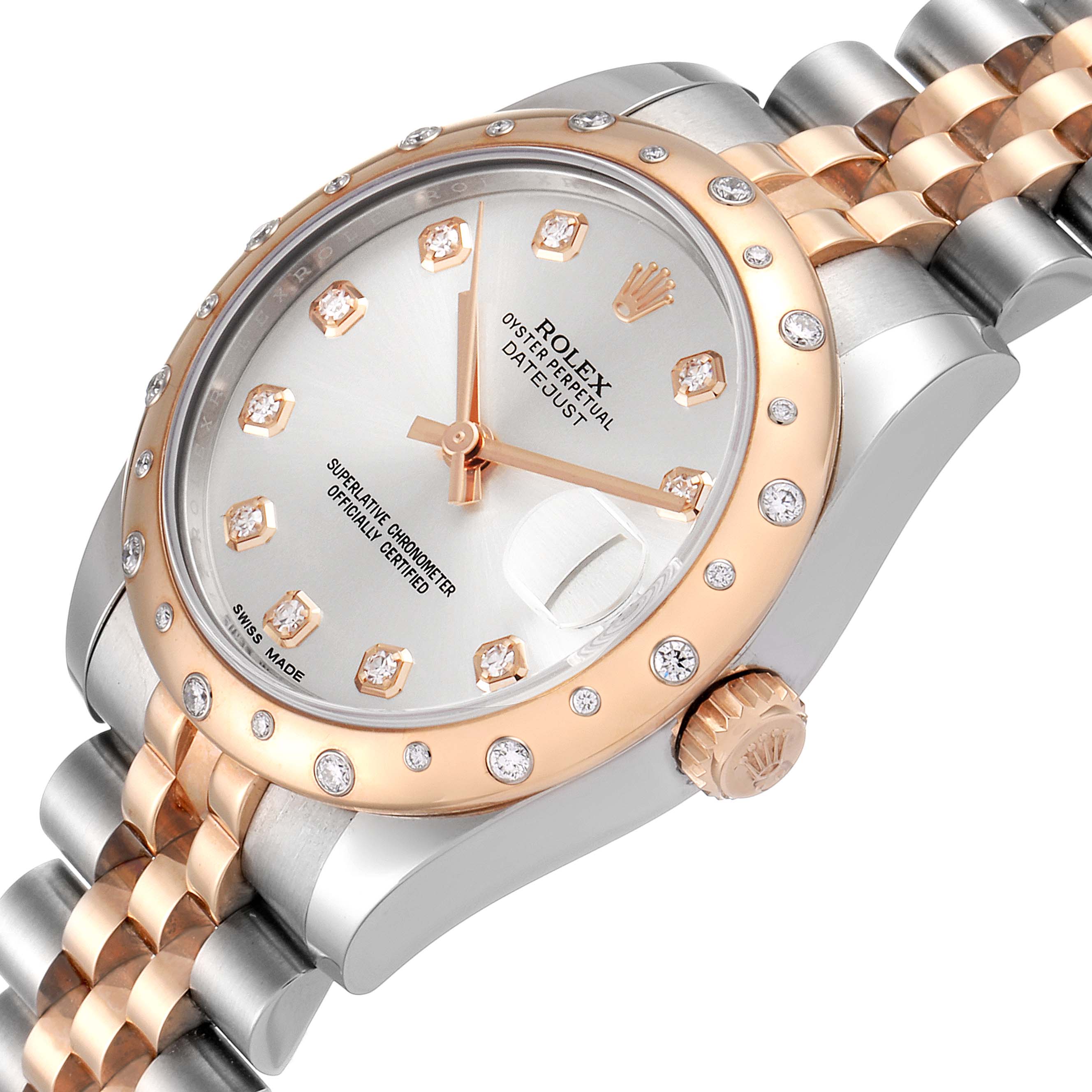The Rolex Mid-Size 178341 Women's Steel and Gold (two tone) Silver Dial 178341 Women's Steel and Gold (two tone) Silver Dial watch is shown at an angle highlighting the bezel, dial, crown, and part of the bracelet.