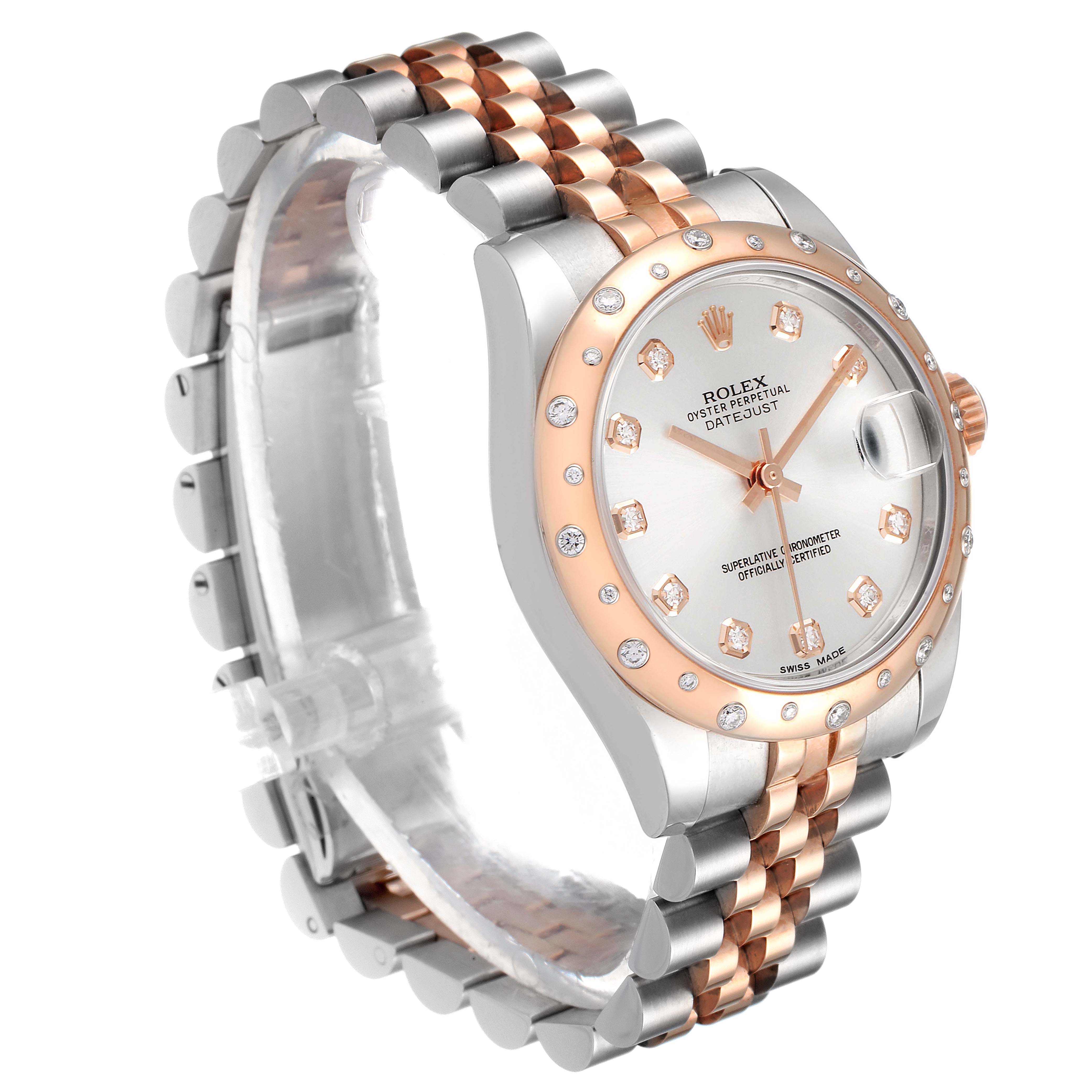 This image shows a mid-size Rolex Datejust watch angled from the front-left, highlighting its two-tone bracelet and diamond-accented dial.