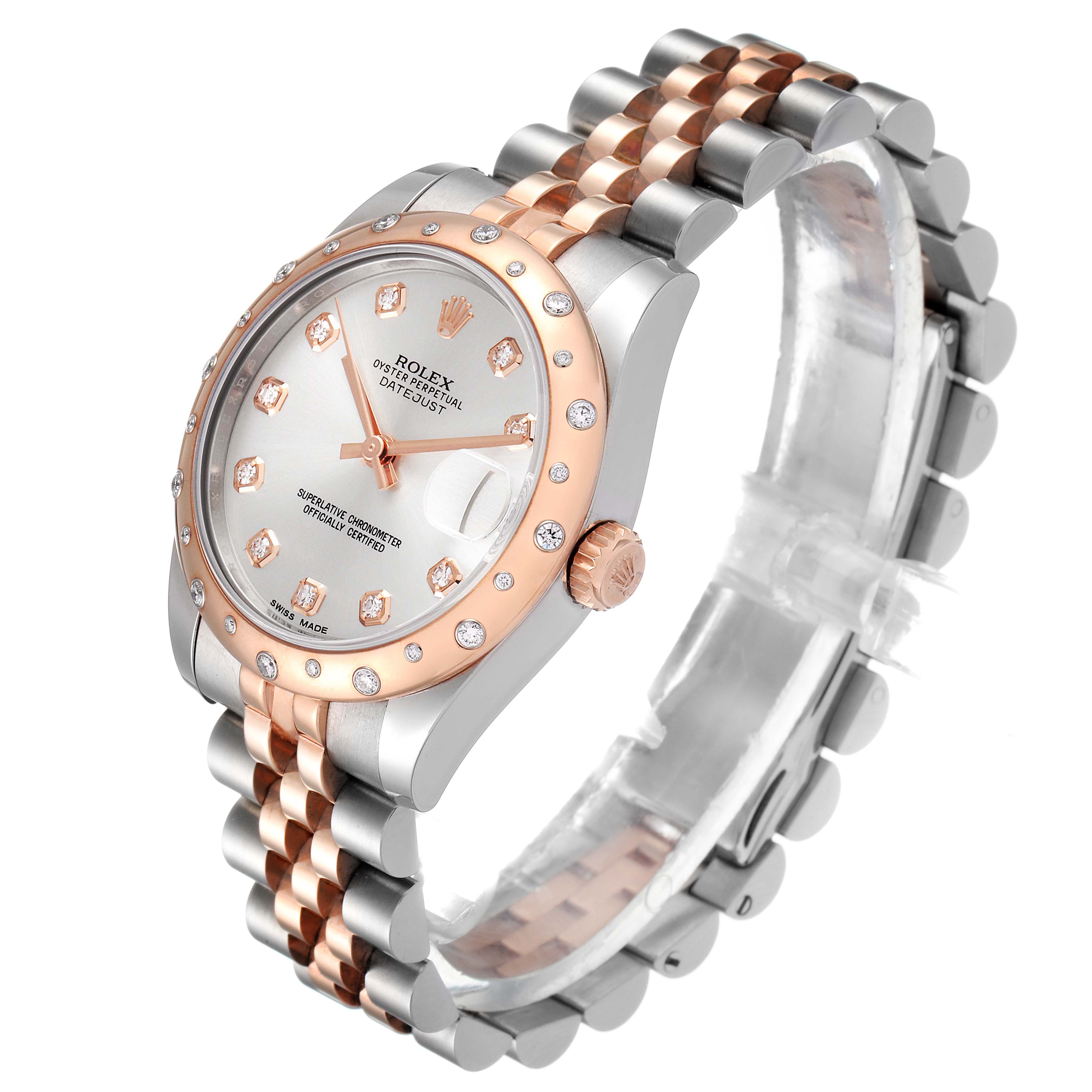 The image shows a Rolex Mid-Size 178341 Women's Steel and Gold (two tone) Silver Dial 178341 Women's Steel and Gold (two tone) Silver Dial watch taken at a three-quarter angle, displaying the dial, bezel, crown, and part of the bracelet.