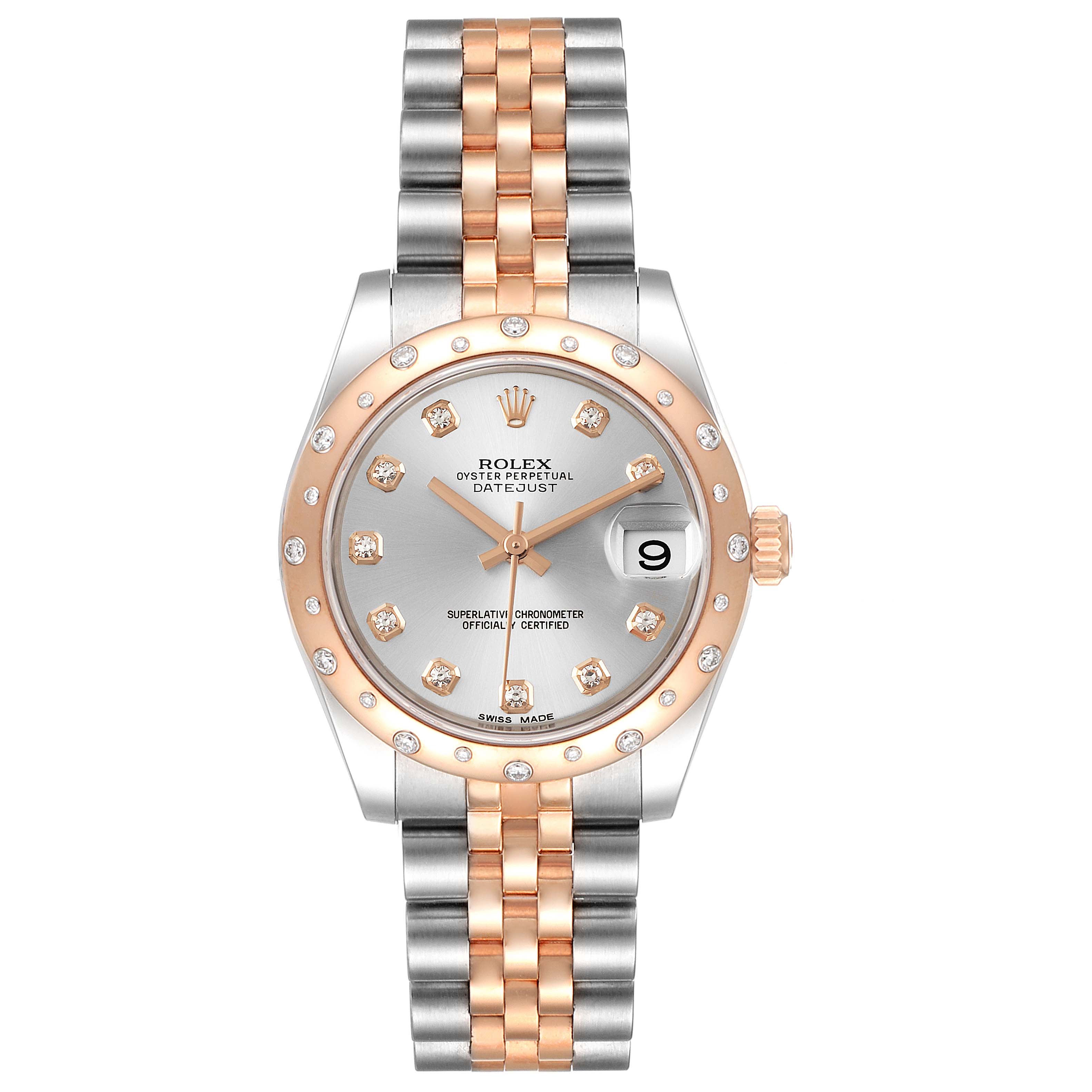 This image shows a Rolex Mid-Size 178341 Women's Steel and Gold (two tone) Silver Dial 178341 Women's Steel and Gold (two tone) Silver Dial Oyster Perpetual Datejust watch from a front angle, featuring a dual-tone bracelet and diamond-accented dial.