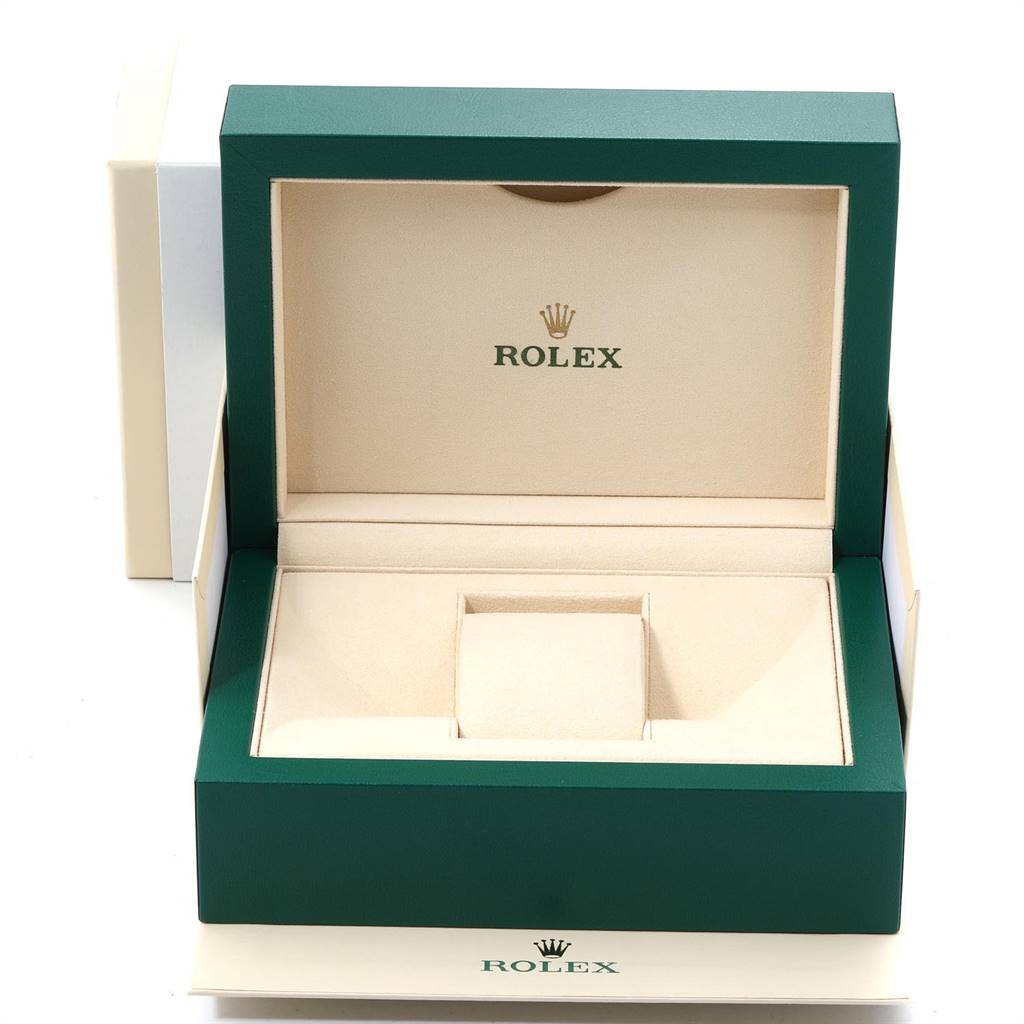 The image shows an open green and beige Rolex watch box designed for a Mid-Size Rolex model, viewed from a straight-on angle.