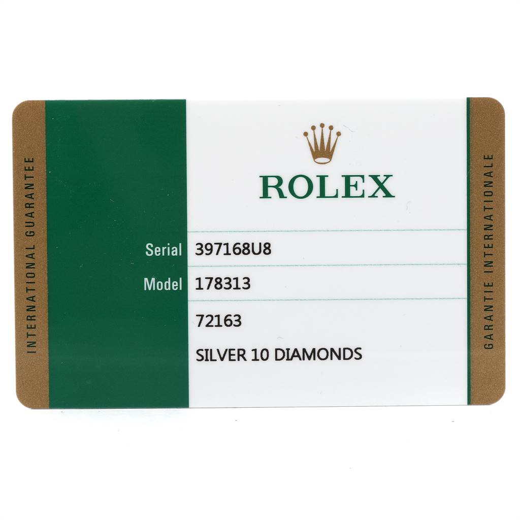 This image shows the guarantee card for the Rolex Mid-Size 178313 Women's Stainless Steel Silver Dial 178313 Women's Stainless Steel Silver Dial model 178313 watch.