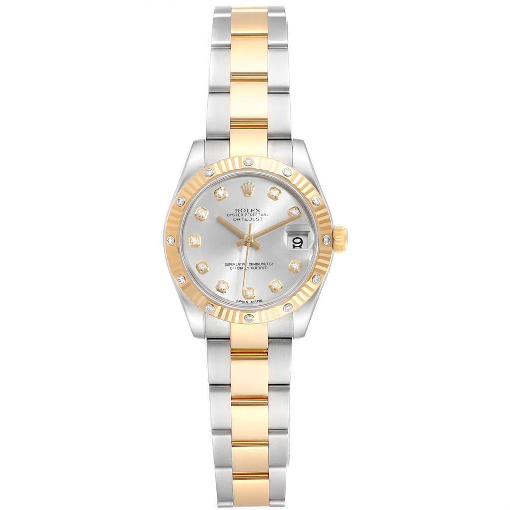 This Mid-Size Rolex watch is shown from a top-down angle, depicting the dial, bezel, and bracelet.