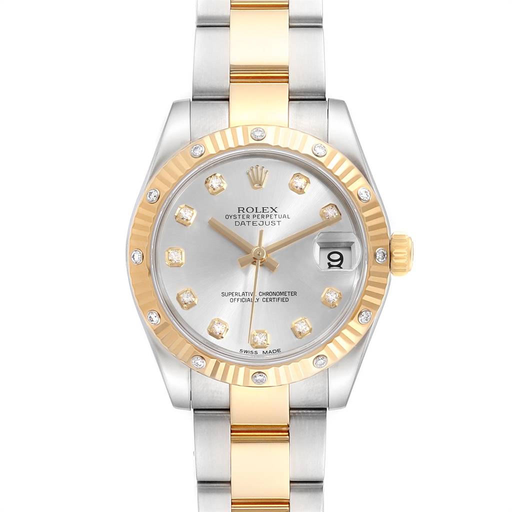 This image shows a front view of the Rolex Mid-Size 178313 Women's Stainless Steel Silver Dial 178313 Women's Stainless Steel Silver Dial Oyster Perpetual Datejust, highlighting the dial, bezel, and bracelet.