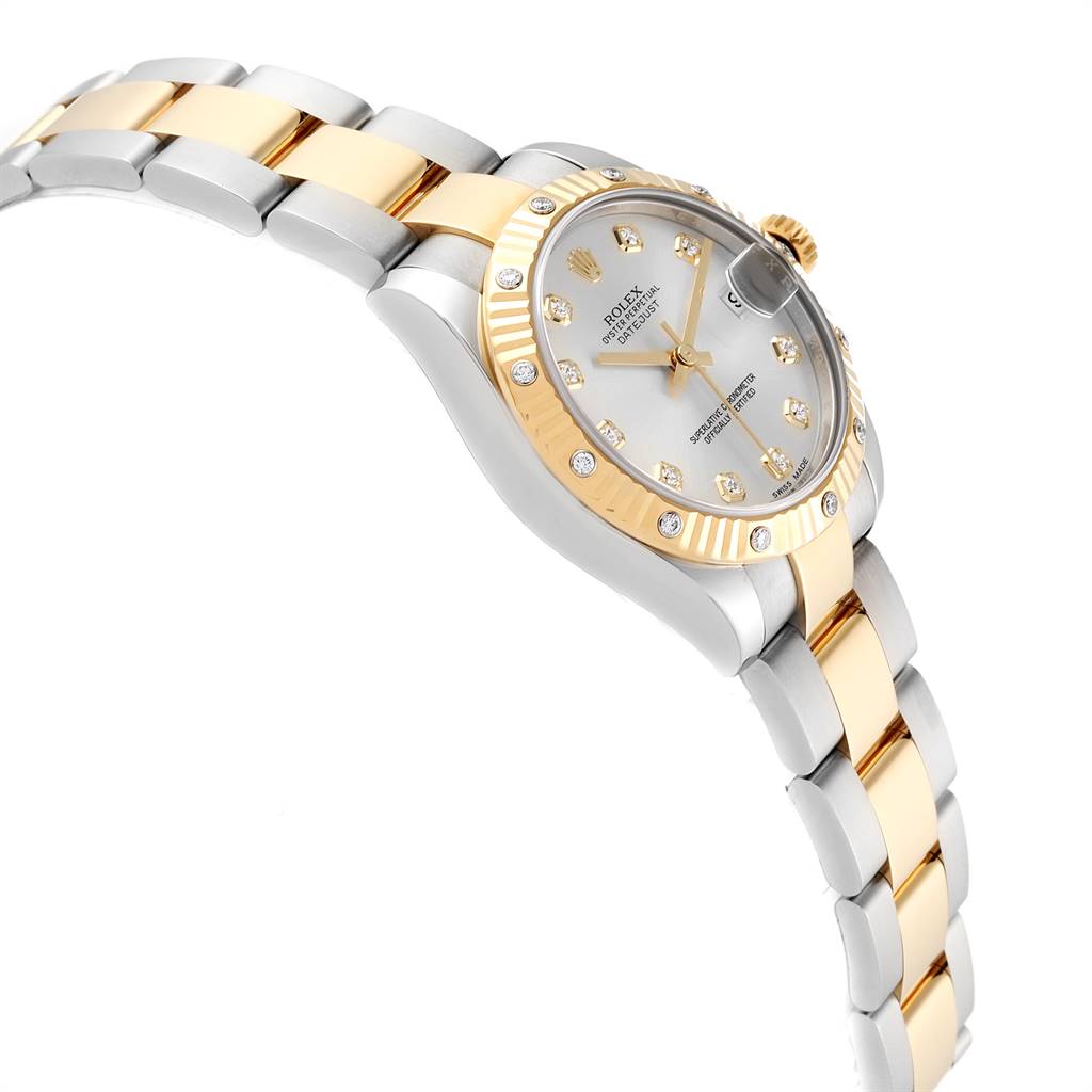 The image shows a side and partial front view of a Rolex Mid-Size 178313 Women's Stainless Steel Silver Dial 178313 Women's Stainless Steel Silver Dial watch, highlighting its two-tone bracelet and diamond-accented bezel.
