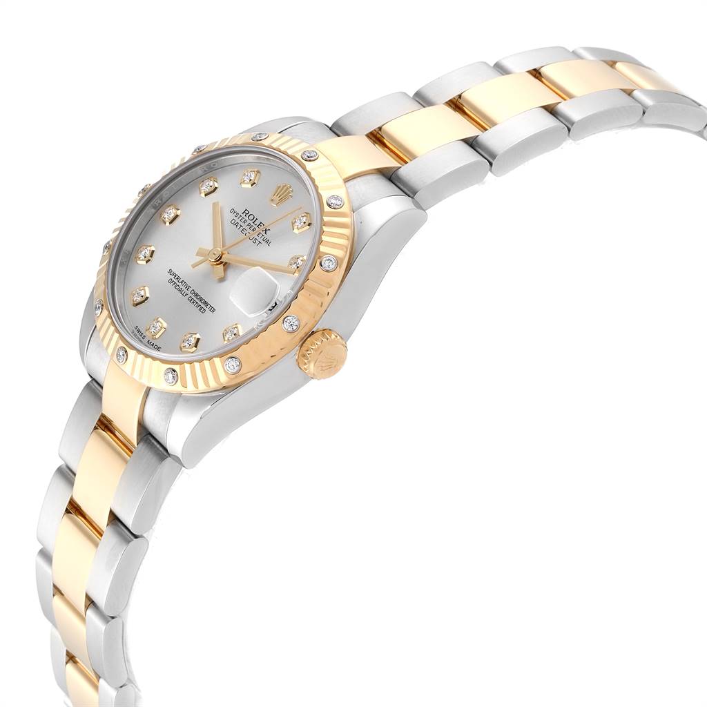 The Rolex Mid-Size 178313 Women's Stainless Steel Silver Dial 178313 Women's Stainless Steel Silver Dial watch is shown at an angled side view, highlighting the bracelet, bezel, crown, and dial.
